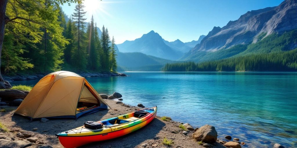 Campsite with kayak by a lake and mountains.