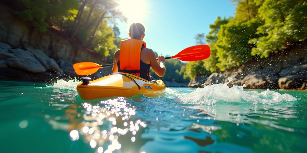 Kayaker paddling in clear water surrounded by greenery.