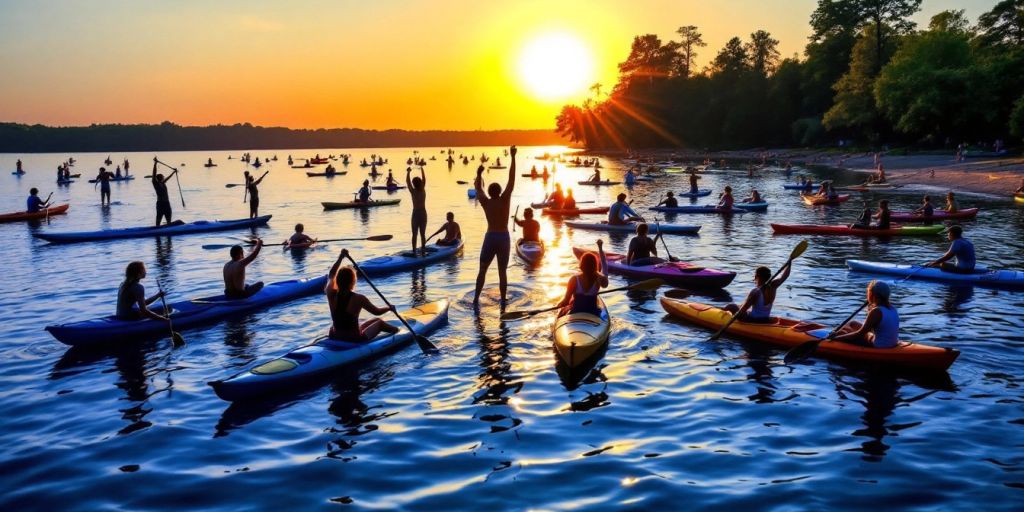 Paddlers practicing exercises on calm water at sunset.