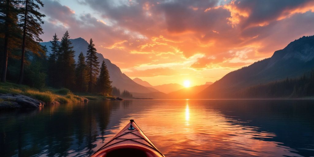 Kayak on a tranquil lake at sunset.