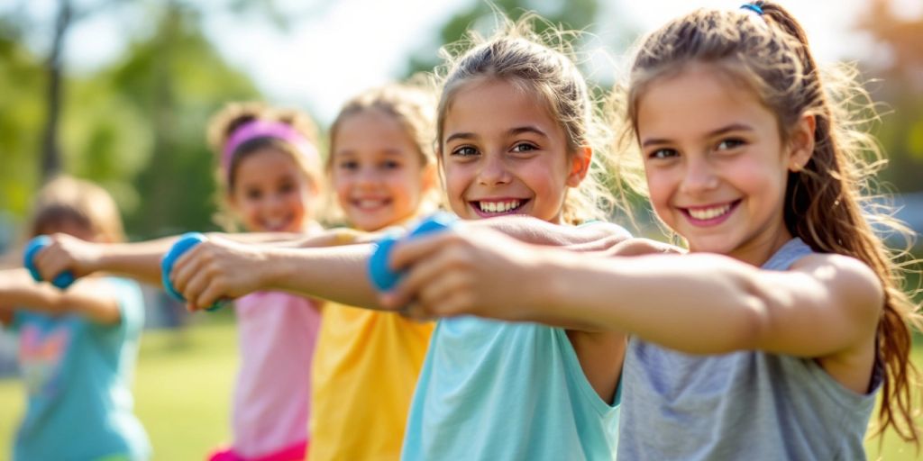 Kids exercising with resistance bands and weights outdoors.