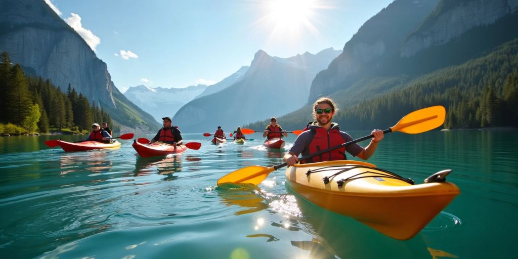 Kayakers paddling on a sunny lake surrounded by nature.