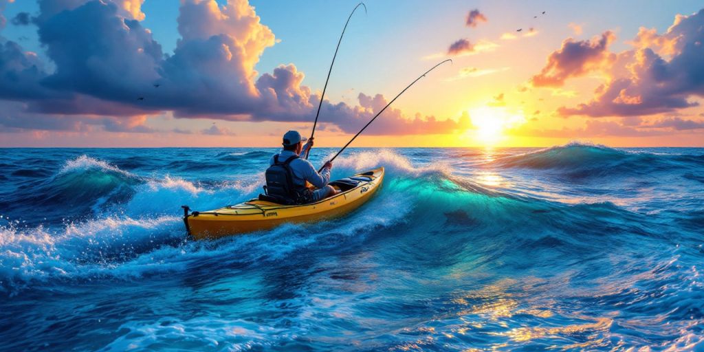 Kayak fishing at sunset with ocean waves.