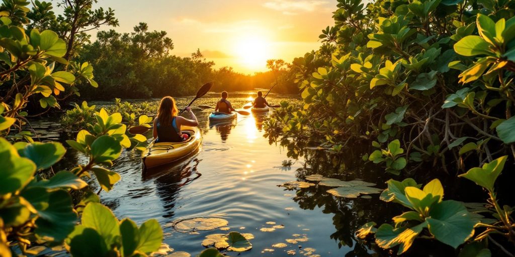 Kayakers in the Everglades surrounded by lush greenery.