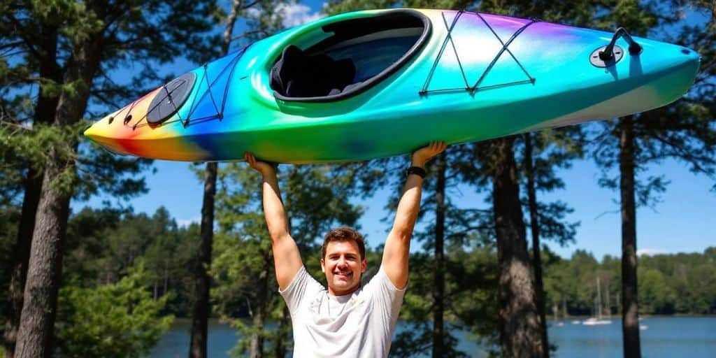 Person lifting a colorful kayak by a lake.