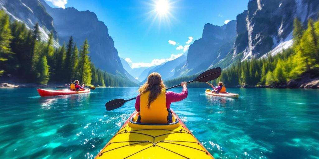 Kayakers paddling in clear waters surrounded by mountains.