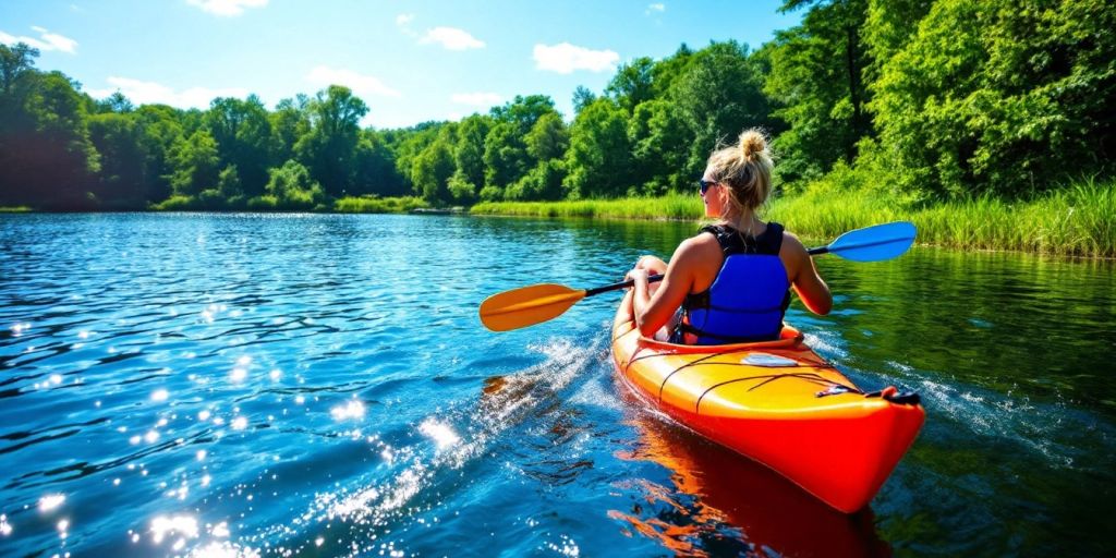 Person kayaking on a lake with lush greenery.