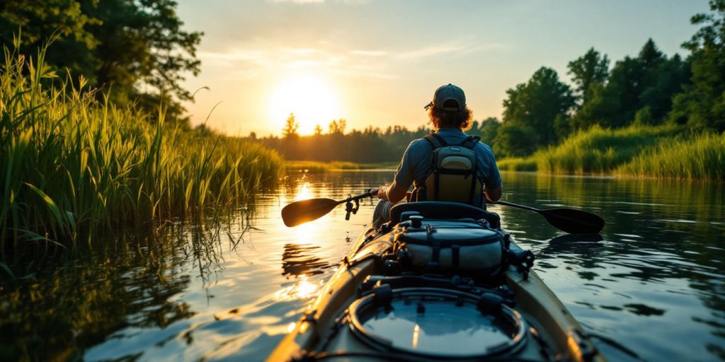 Person fishing from a kayak on calm waters.