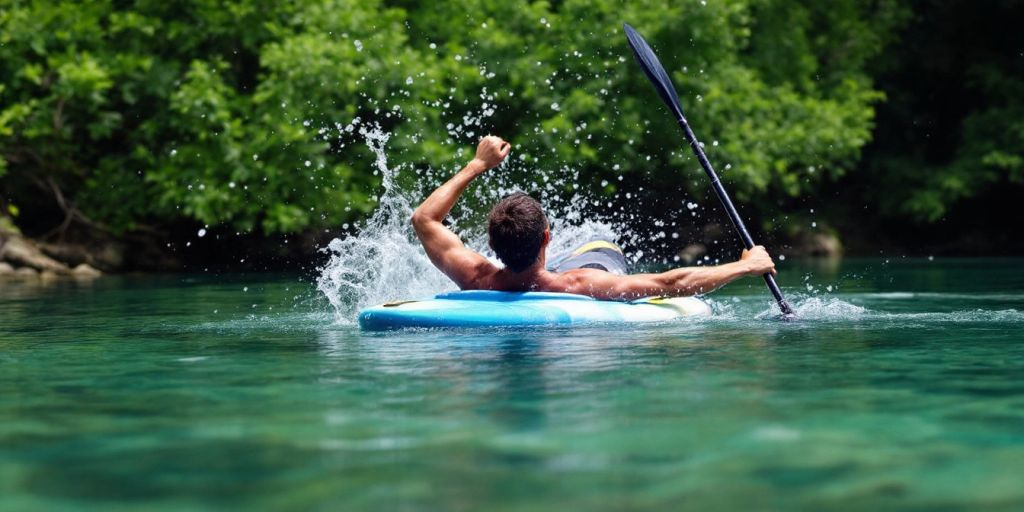 Paddler executing a kayak roll in clear water.