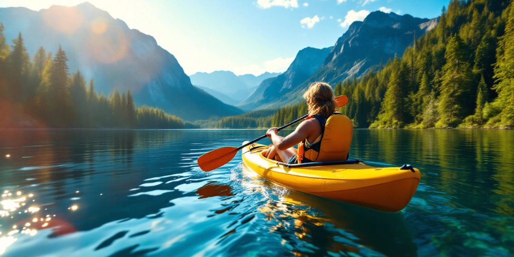 Kayaker paddling on a calm lake with mountains in background.