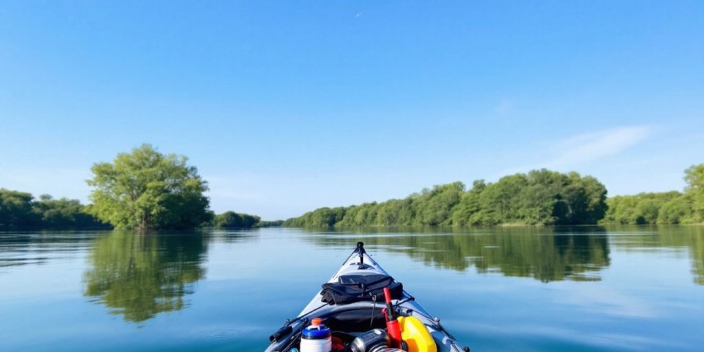 Kayak fishing scene on calm waters with lush trees.