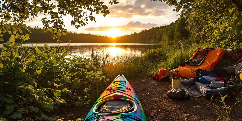 Kayak on a river with camping gear nearby.