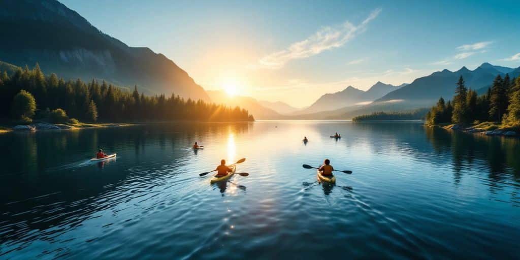 Kayakers on a tranquil lake during sunset.