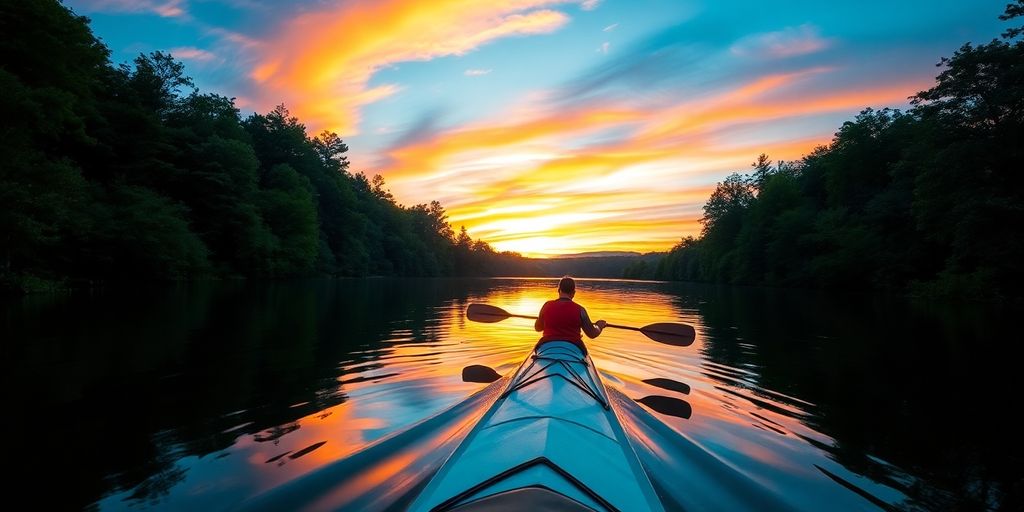 A kayaker paddling on a tranquil lake at sunset.