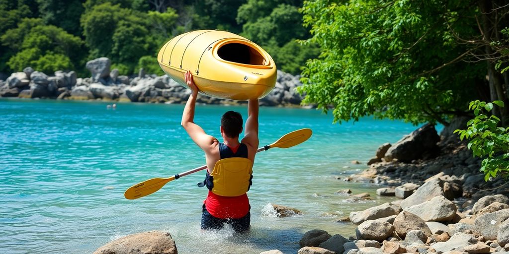 Kayaker portaging a kayak over rocky terrain.