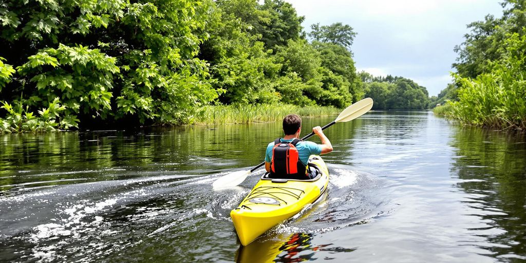 Paddler in kayak navigating calm waters with greenery.