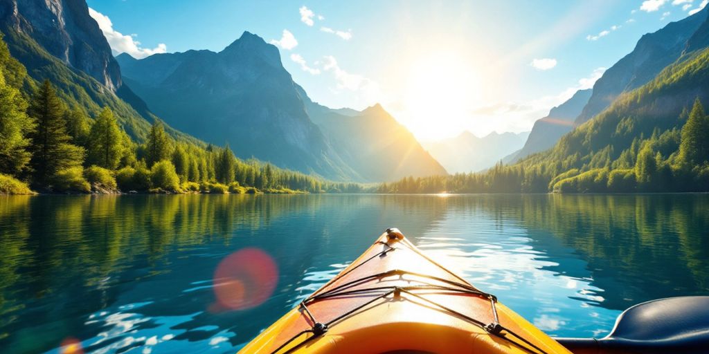 Kayak with paddles on a calm lake surrounded by trees.