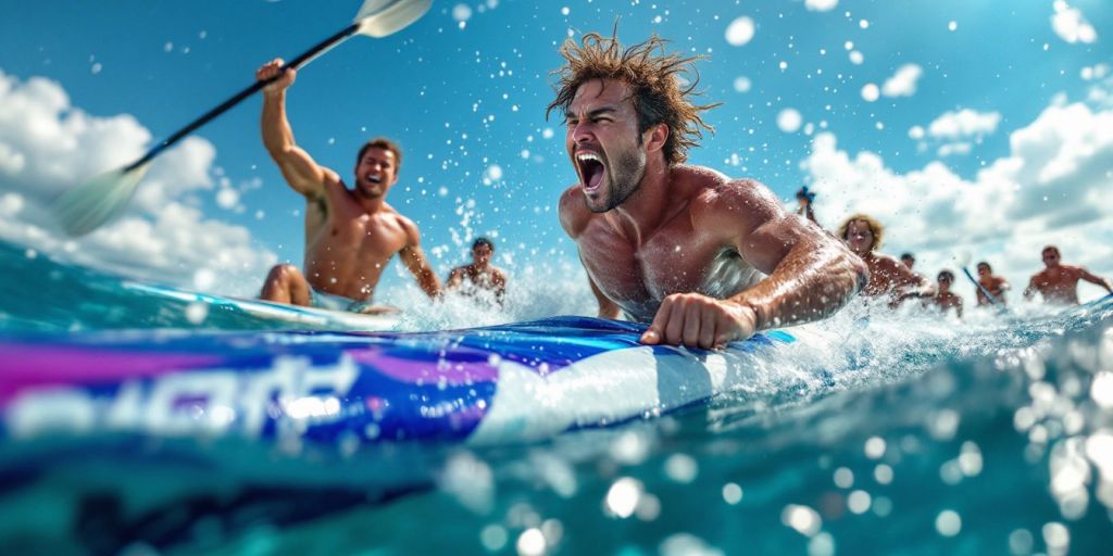 Athletes paddling in an outrigger canoe on water.