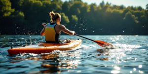 Athlete kayaking on a tranquil lake with trees.