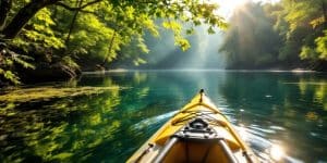 A kayak on a secluded lake surrounded by trees.