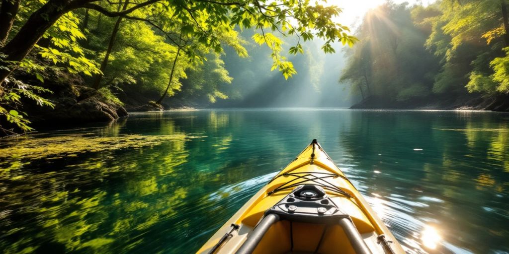 A kayak on a secluded lake surrounded by trees.