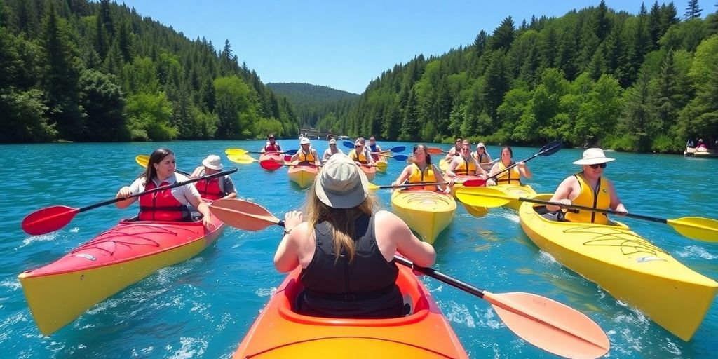 Group of kayakers paddling on a clear blue lake.