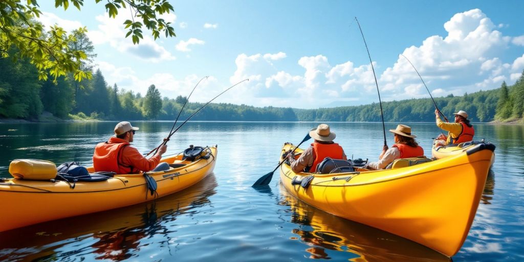 Large fishing kayaks on a tranquil lake with greenery.