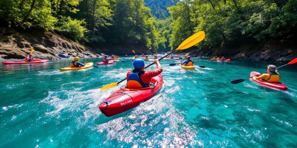 Kayakers paddling on clear water surrounded by trees.