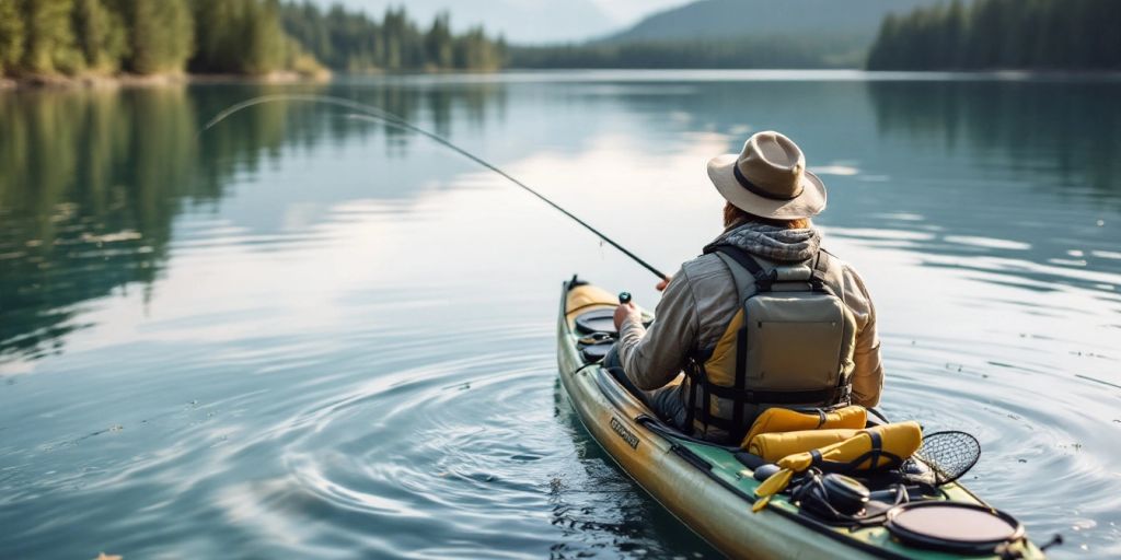 Person fishing from a kayak on a tranquil lake.