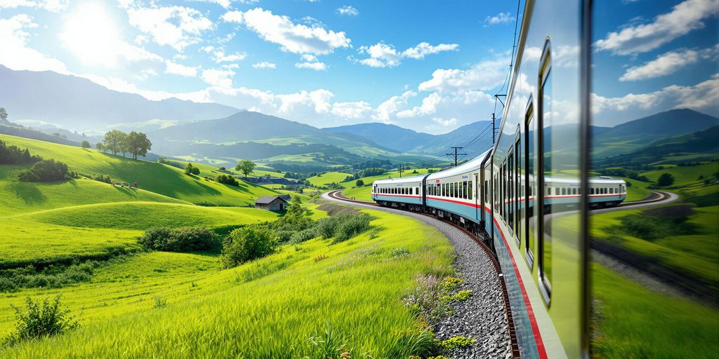 A modern train traveling through green landscapes.