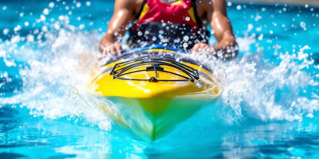 Athlete kayaking in a pool during training session.