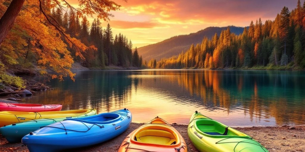 Colorful kayaks on a tranquil lake at sunset.