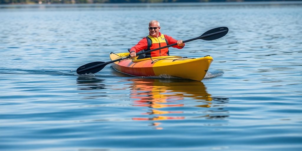 A kayaker practicing paddling techniques on calm water.