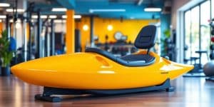 Realistic kayak machine in a bright gym setting.