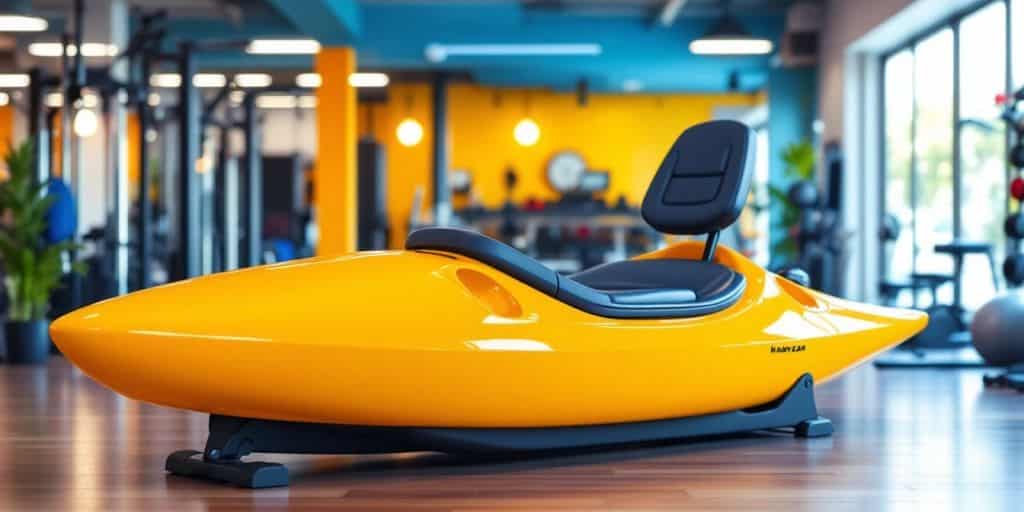 Realistic kayak machine in a bright gym setting.