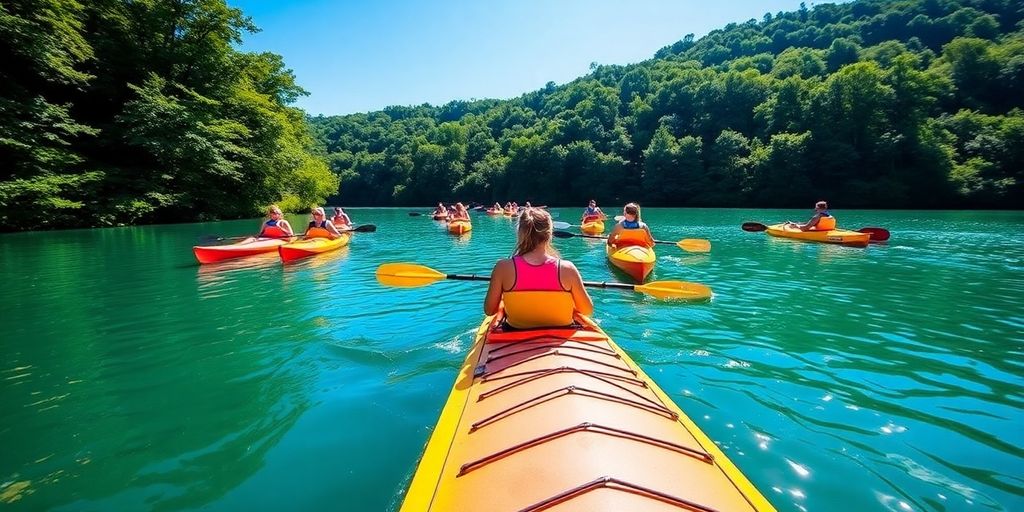 Kayakers paddling on a calm lake with blue skies.