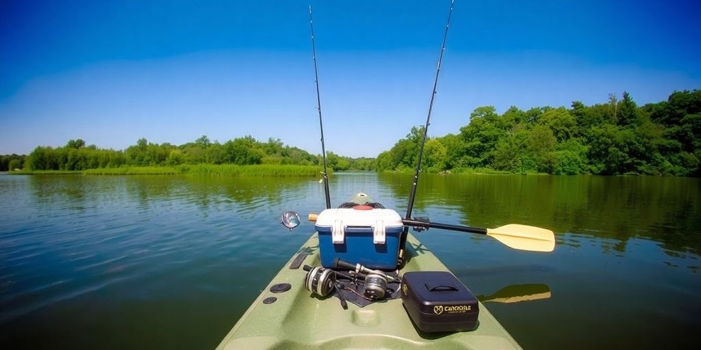 Fishing kayak with gear on tranquil water.