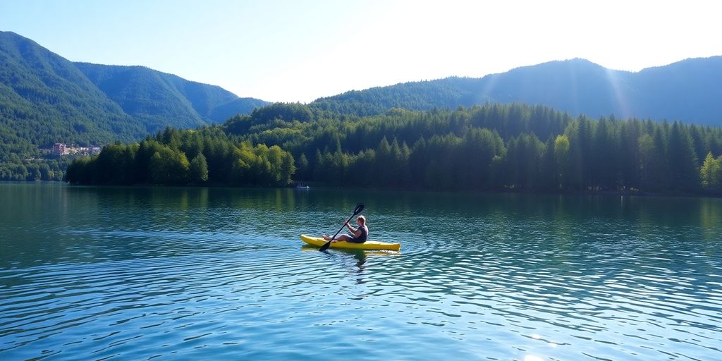 A kayaker paddling on a calm lake surrounded by nature.