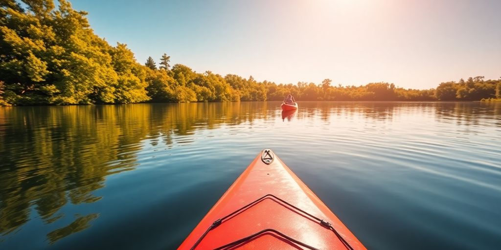 A beautiful kayak on calm water in a natural setting.