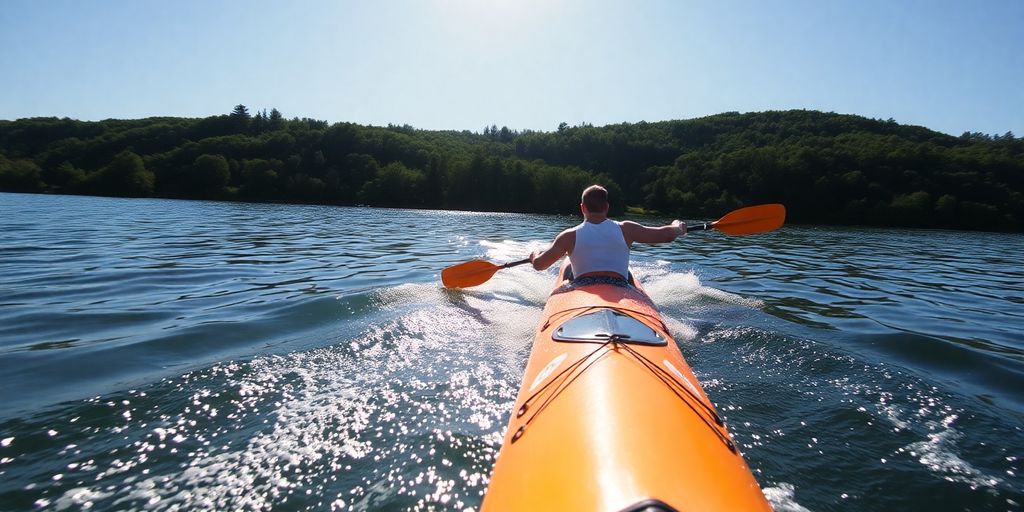 Kayaker paddling on a lake surrounded by greenery.