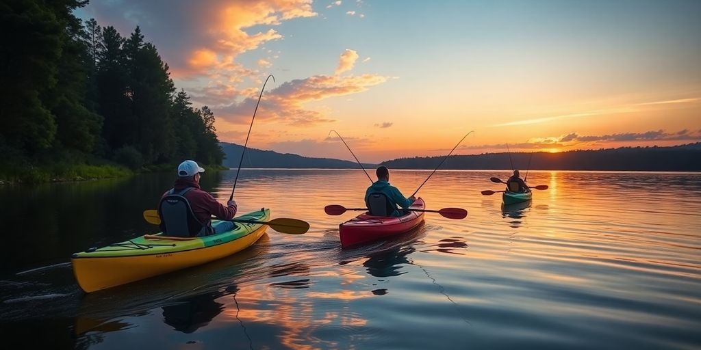 Kayakers fishing at sunset on a tranquil lake.