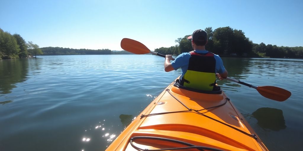 Kayaker paddling on a calm lake surrounded by trees.