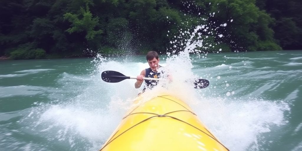 A kayaker paddling through rushing water in nature.