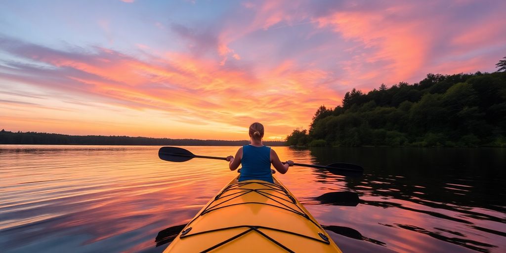 Person kayaking on a lake at sunset with trees.