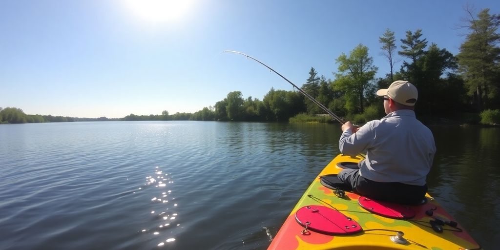 Kayaker fishing for bass in a tranquil lake.