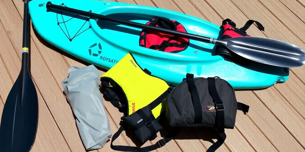 Kayak accessories like paddles and life jackets on wood.