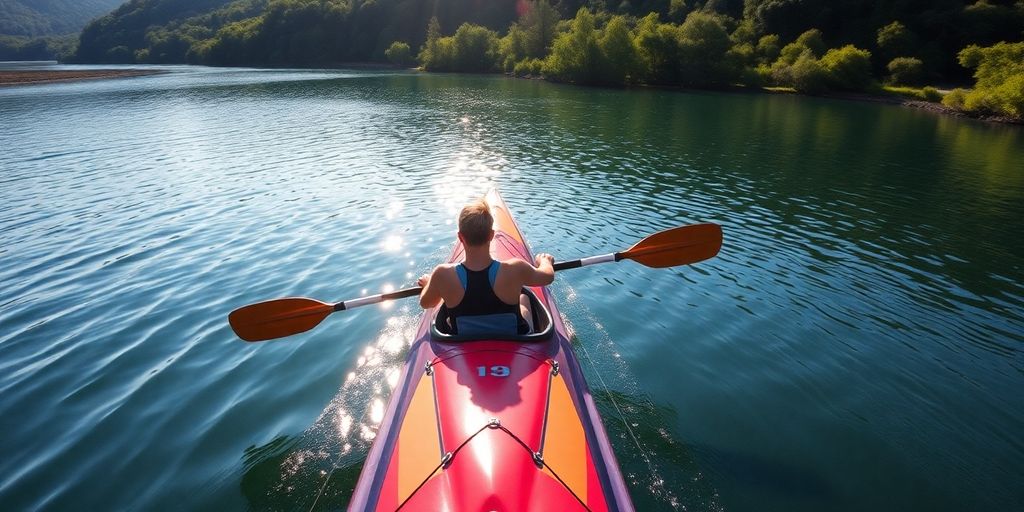 Person kayaking on a vibrant lake surrounded by greenery.