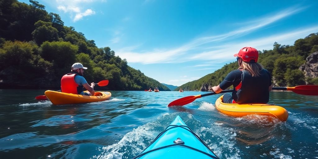 Kayakers paddling through calm waters in a scenic landscape.