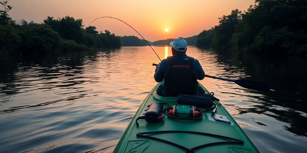 Angler fishing from a kayak in tranquil waters.