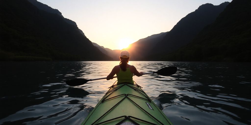 Person kayaking in calm waters with scenic mountains.